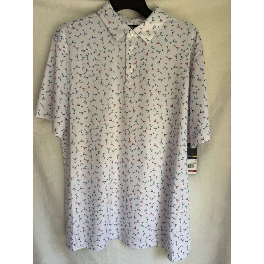 Men's White Polo Shirt with Blue & Red Martini Print